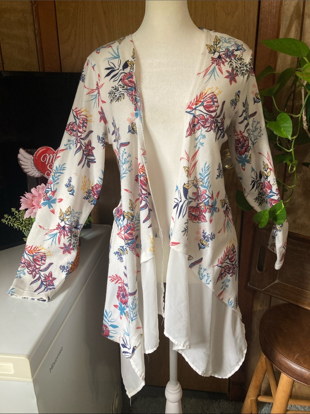 Massini Cream Floral Draped Open-Front Cardigan with Multicolor Blooms